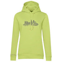 Lime Farbener Skyline Frankfurt Organic Damen Hoodie von frankfurtkind mit Frontprint.
