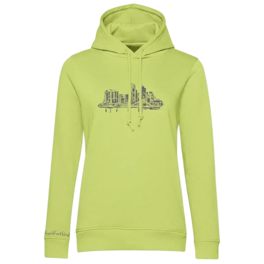 Lime Farbener Skyline Frankfurt Organic Damen Hoodie von frankfurtkind mit Frontprint.