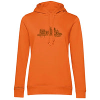 Orange Farbener Skyline Frankfurt Organic Damen Hoodie von frankfurtkind mit Frontprint.