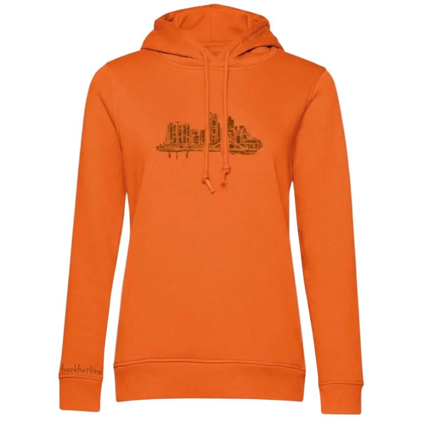 Orange Farbener Skyline Frankfurt Organic Damen Hoodie von frankfurtkind mit Frontprint.