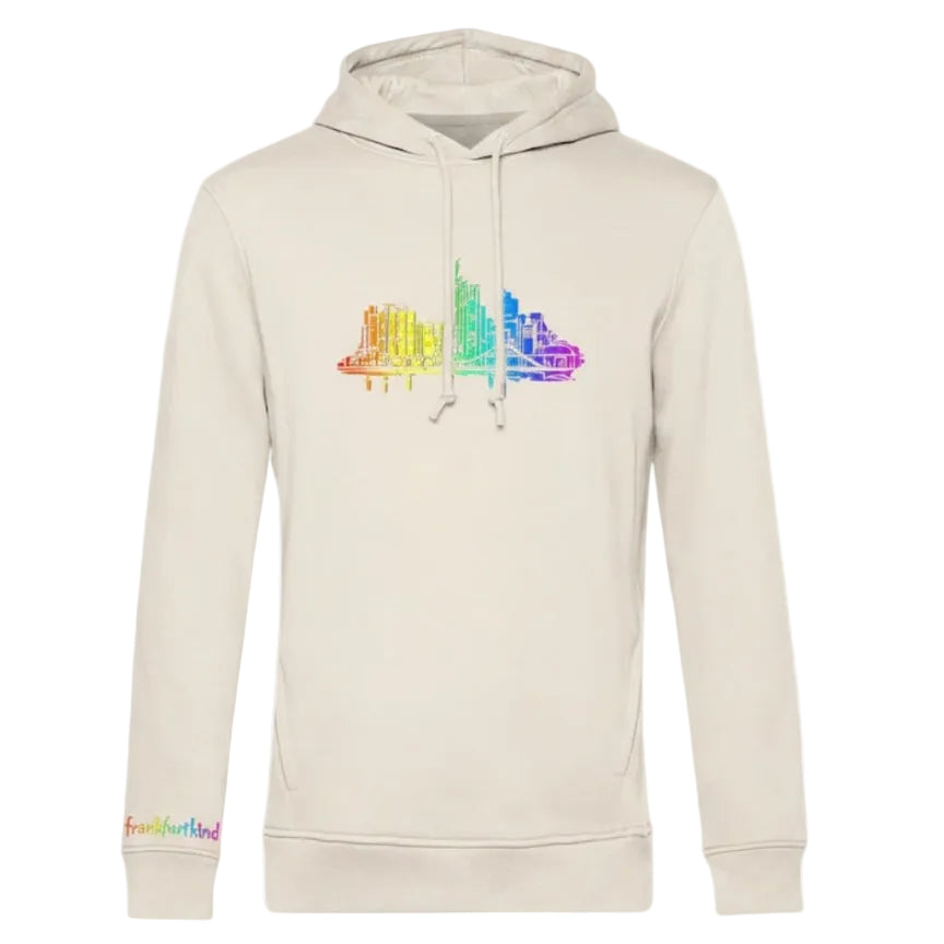 Off-white Skyline Rainbow Frankfurt Organic Hoodie von frankfurtkind mit Frontprint.