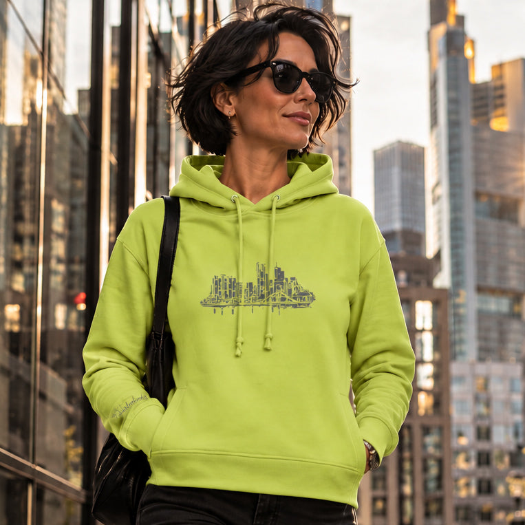 Lime Farbener Skyline Frankfurt Organic Damen Hoodie von frankfurtkind mit Frontprint, getragen von einem weiblichen Model.