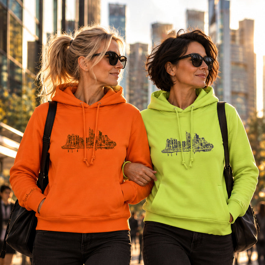Lime und Orange Farbener Skyline Frankfurt Organic Damen Hoodie von frankfurtkind mit Frontprint, getragen von zwei weiblichen Models.