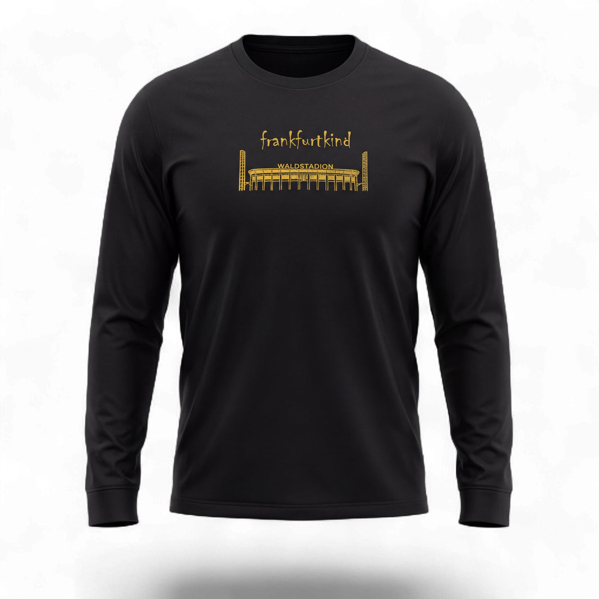 Schwarzes Waldstadion Gold Frankfurt Longsleeve von frankfurtkind mit Frontprint.