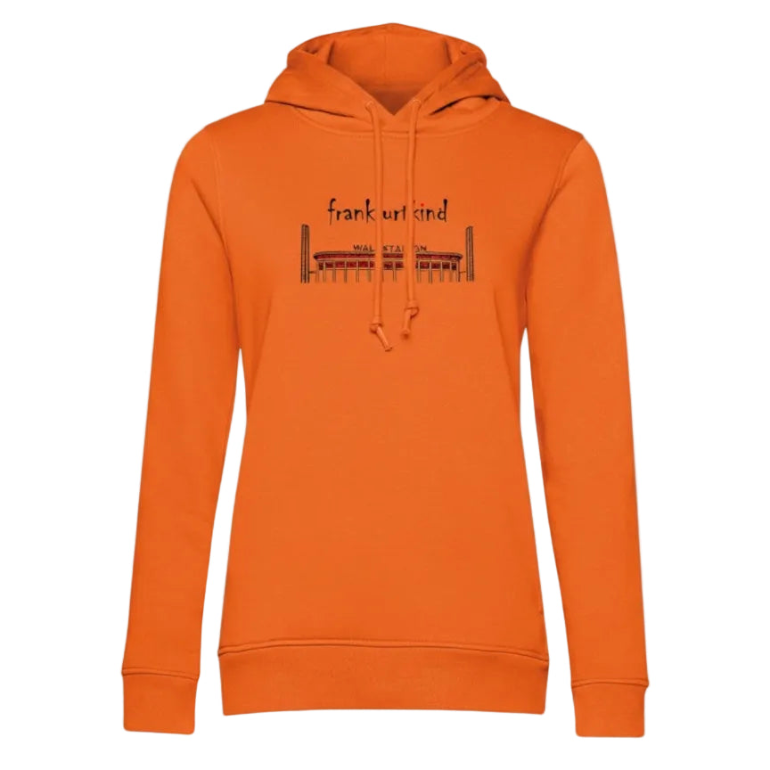 Orange Farbener Waldstadion Frankfurt Organic Hoodie von frankfurtkind mit Frontprint.