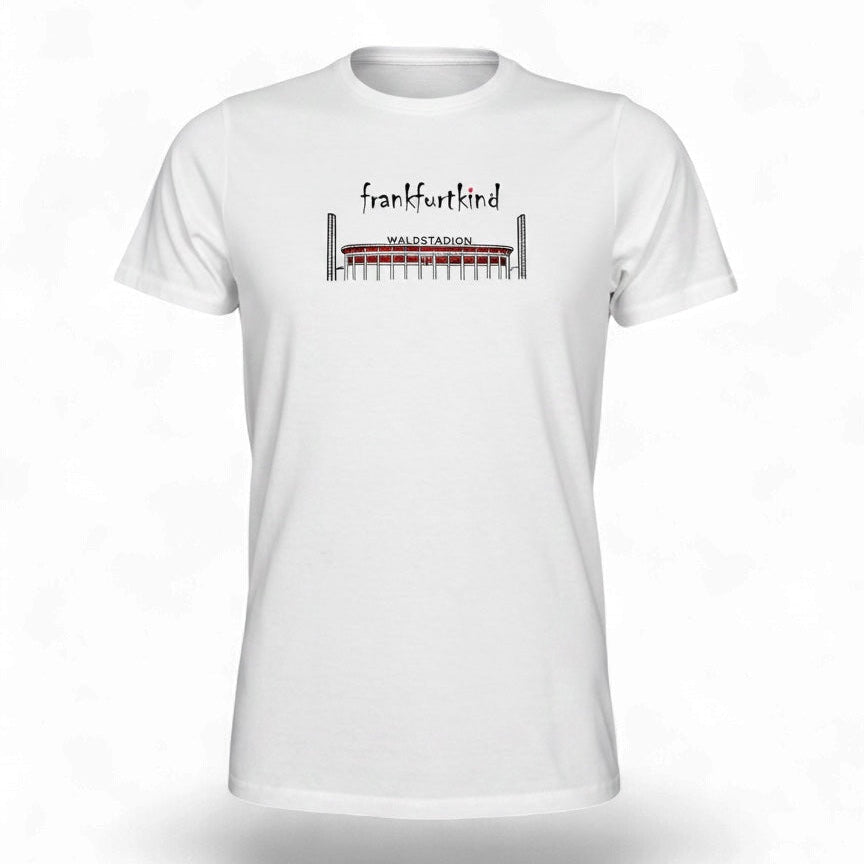 Weißes Waldstadion Frankfurt T-Shirt von frankfurtkind mit Frontprint.