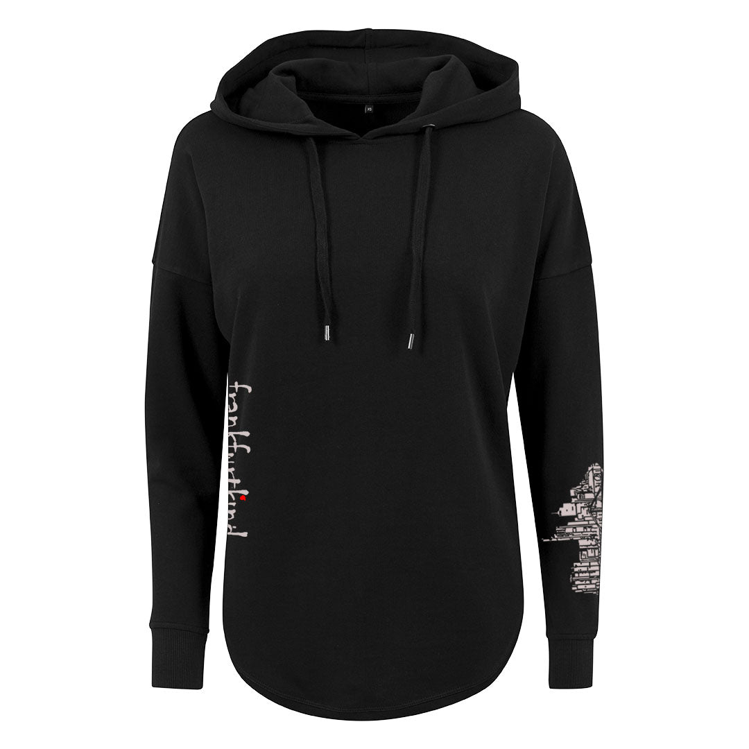 Schwarzer Skyline Frankfurt Damen oversized Hoodie von frankfurtkind mit Frontprint.