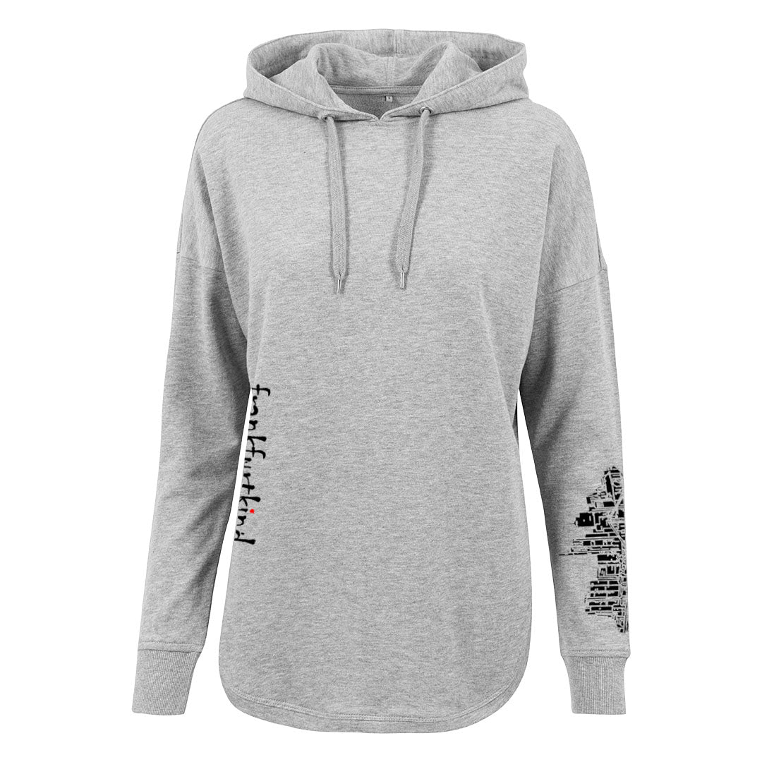 Grauer Skyline Frankfurt Damen oversized Hoodie von frankfurtkind mit Frontprint.