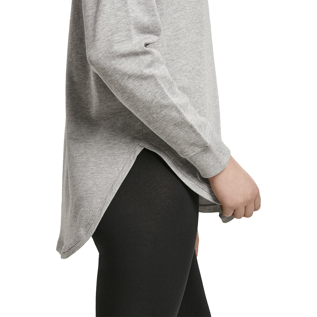 Grauer Skyline Frankfurt Damen oversized Hoodie von frankfurtkind Seitenansicht.