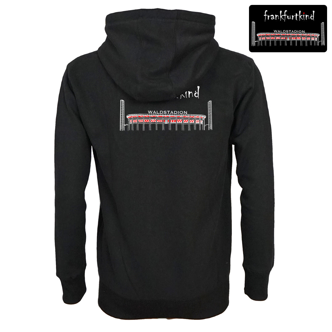 Schwarzer Waldstadion Frankfurt ZIP Hoodie von frankfurtkind mit Rückenprint.
